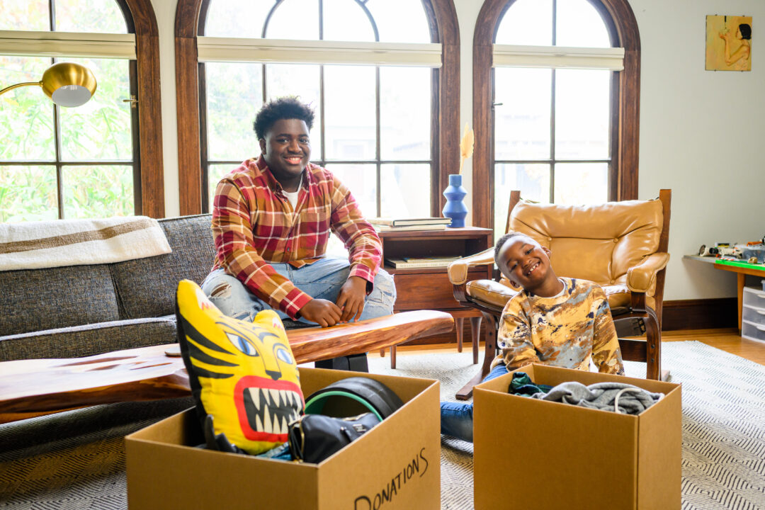 Family donating while they get ready for back-to-school.